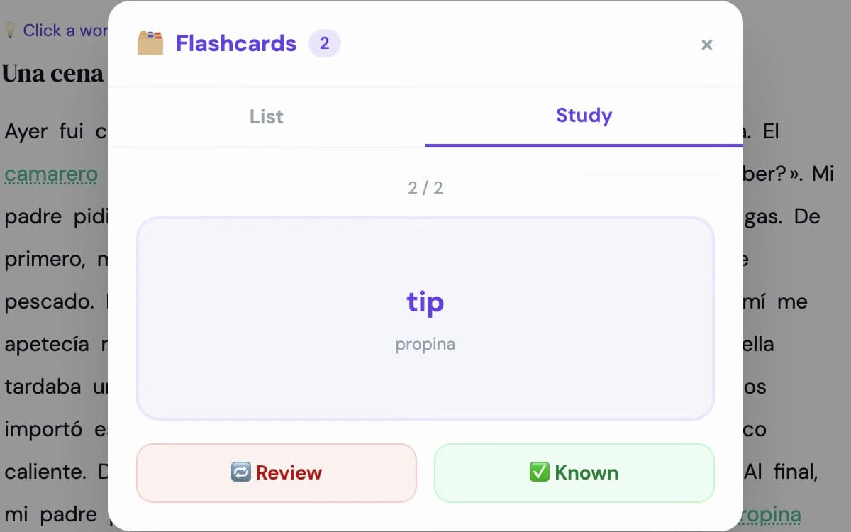 Flashcards study view: card 2 of 2, tip, propina, with Review and Known buttons