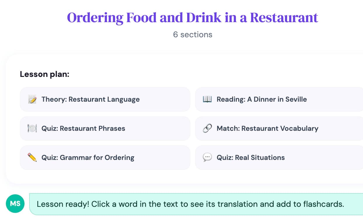 Lesson plan for Ordering Food and Drink in a Restaurant: theory, reading, matching and three quizzes