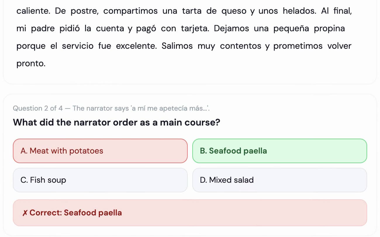 Quiz question: the wrong answer Meat with potatoes is red, the right answer Seafood paella is green, with the note Correct: Seafood paella