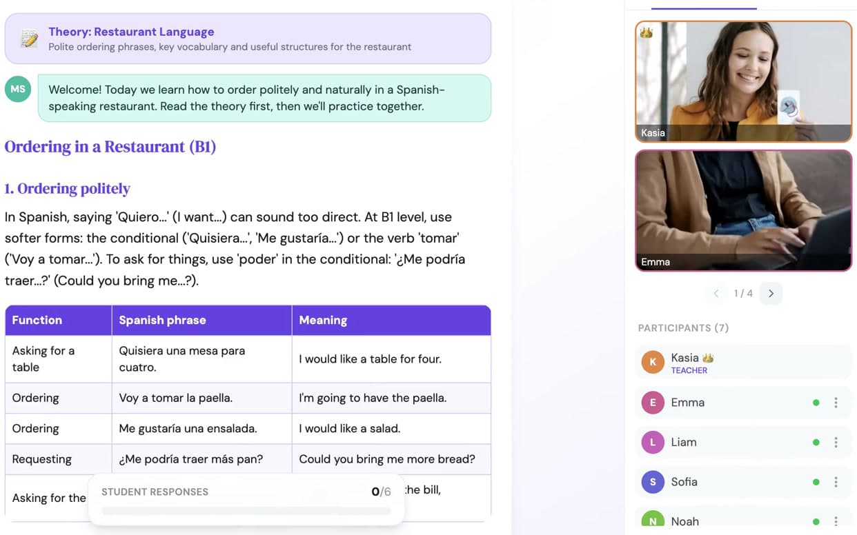 Live room: lesson theory with a phrase table on the left, student cameras and participants on the right