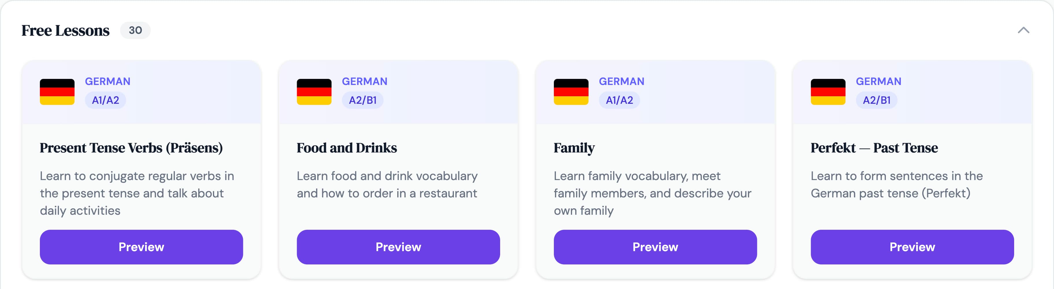 Free Lessons in the library: German lessons on present tense, food and drinks, family and the Perfekt tense, each with a Preview button