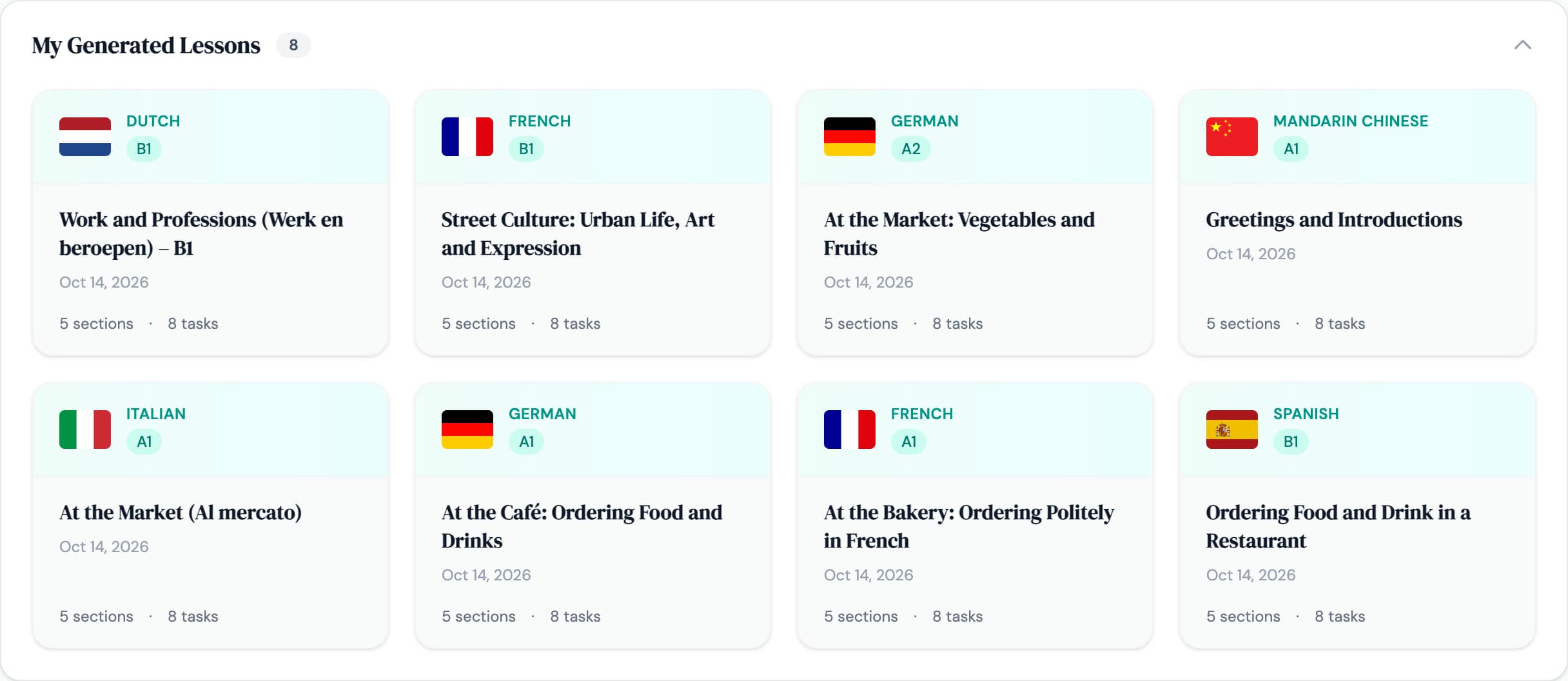 Library, My Generated Lessons: eight saved lessons in Dutch, French, German, Chinese, Italian and Spanish, from A1 to B1
