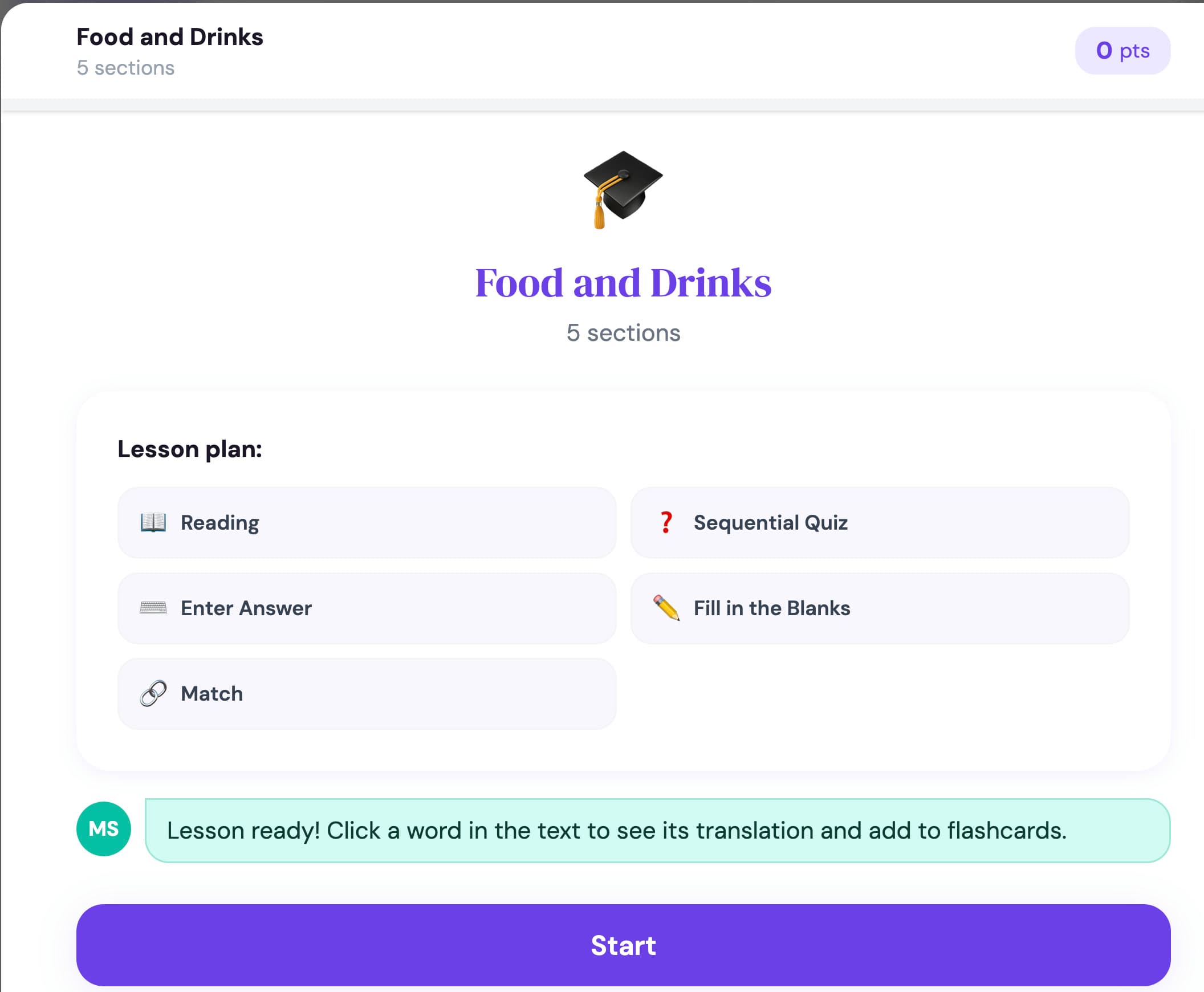 Lesson preview: Food and Drinks, five sections: reading, sequential quiz, enter answer, fill in the blanks, match, with a Start button